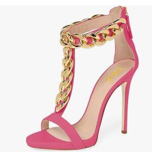 FSJ Fuchsia T-Straps High Heel Sandals Golden Chains Open Toe Ankle Straps Shoes